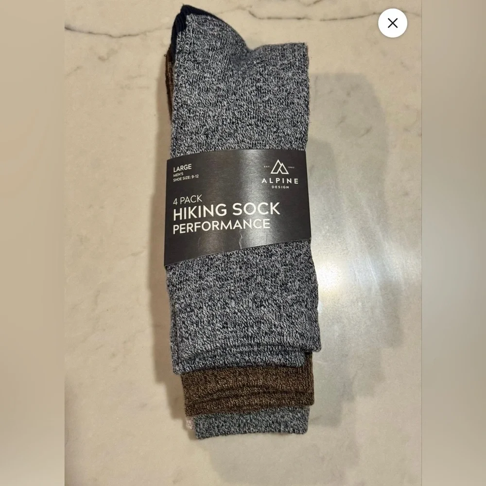 NWT 4 pack Alpine Design Performance Hiking Socks - Gray & Brown Men’s LG 9-12